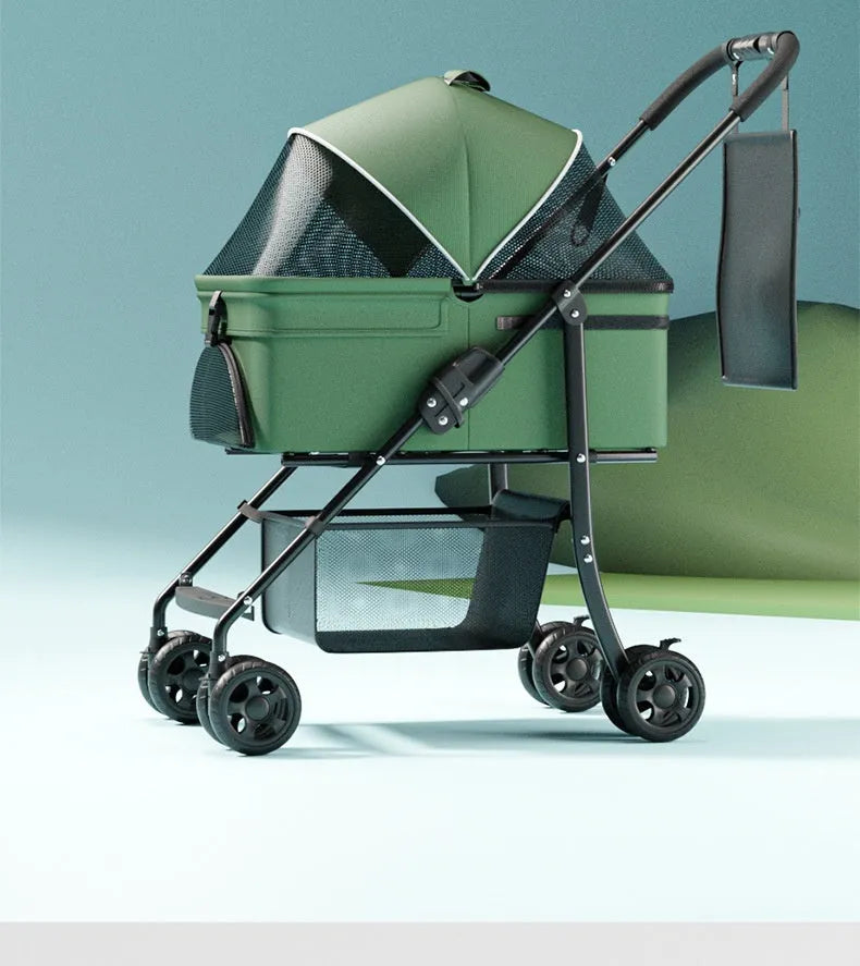 Black folding pet cart with detachable components for dogs and cats