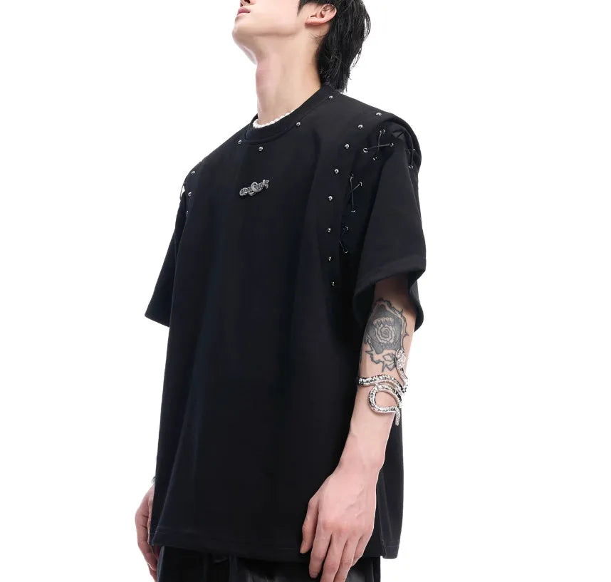 Deconstruction lace-up cutout short sleeve t-shirt in Black or White cotton-polyester blend