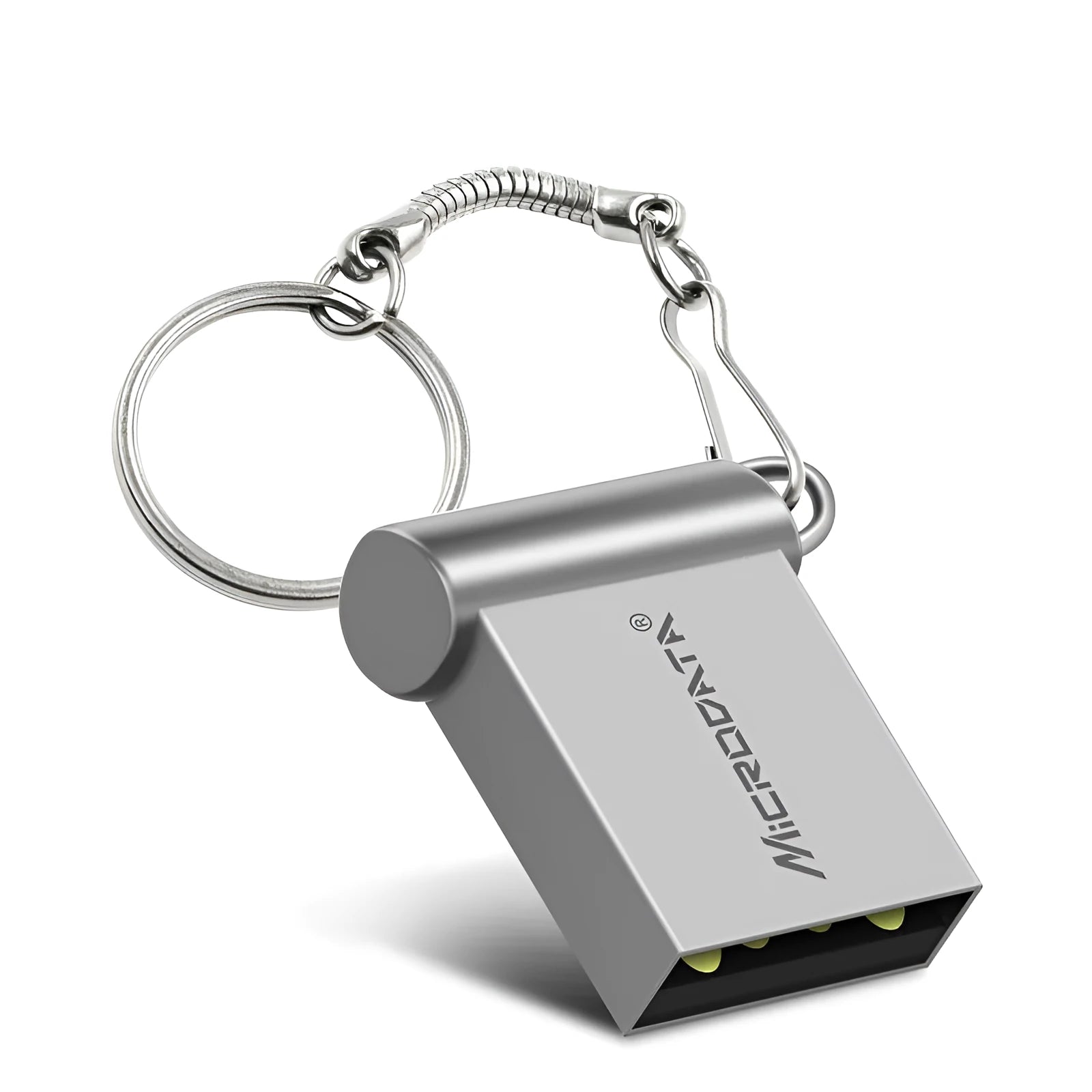 Silver metal car-shaped USB flash drive on a chain, shown alongside black and gold colour variants.