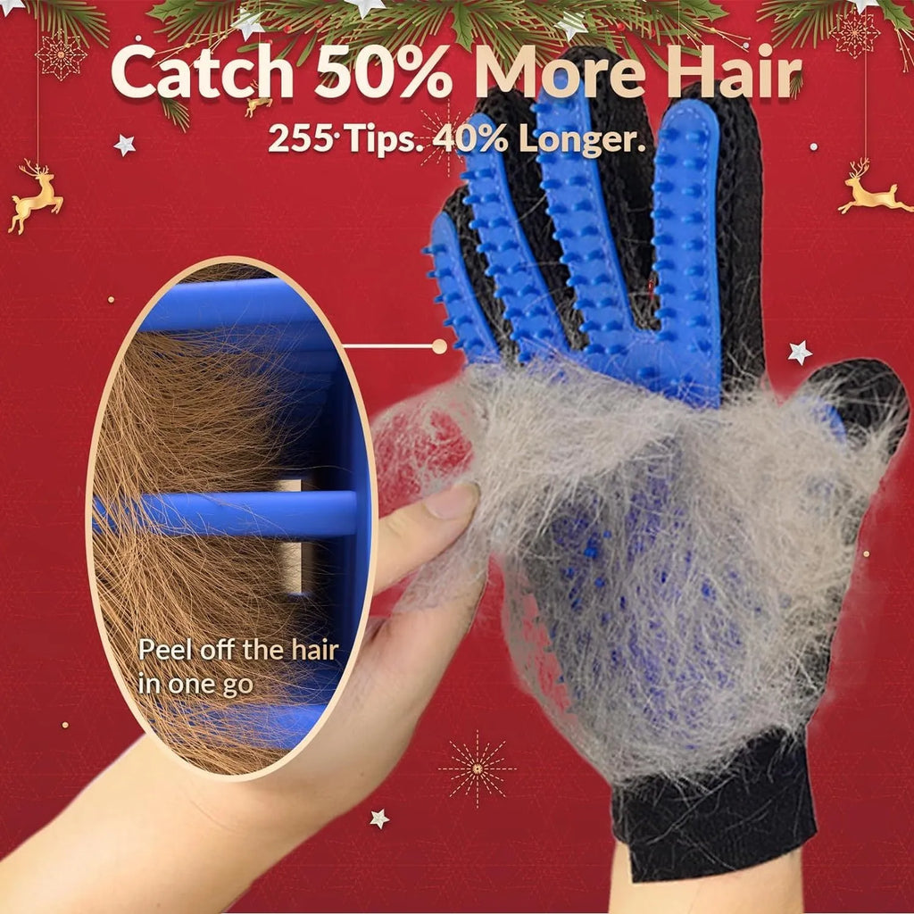 Blue pet grooming gloves with silicone tips for removing hair from dogs cats horses