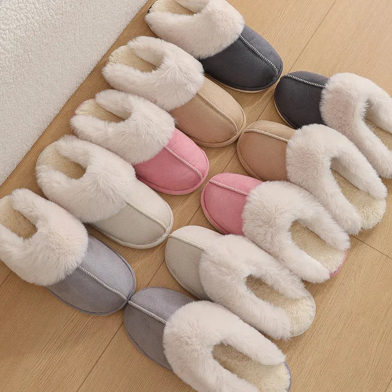 Brown women's plush indoor slippers with round toe, flat heel, and textured PVC anti-slip sole.