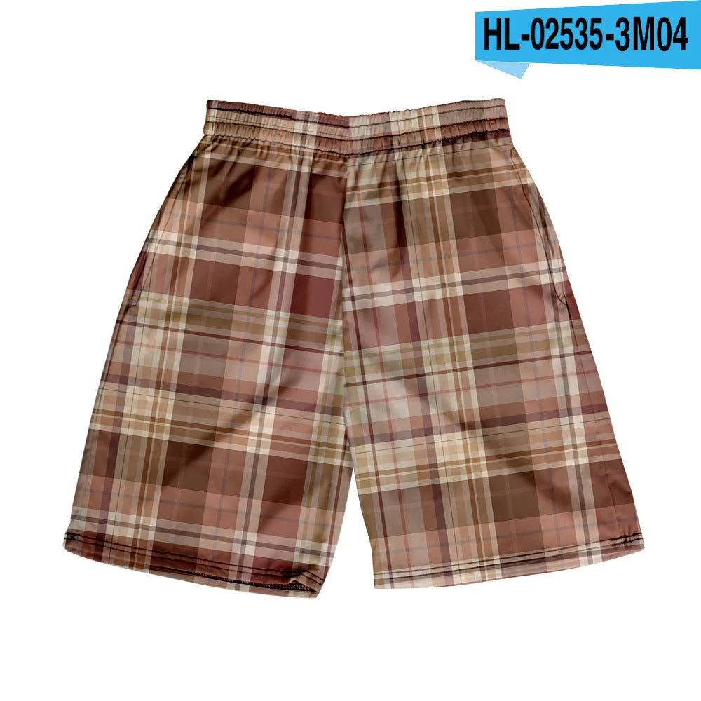 Men's plaid pattern casual shorts with an elastic waistband, shown in a straight-leg style.