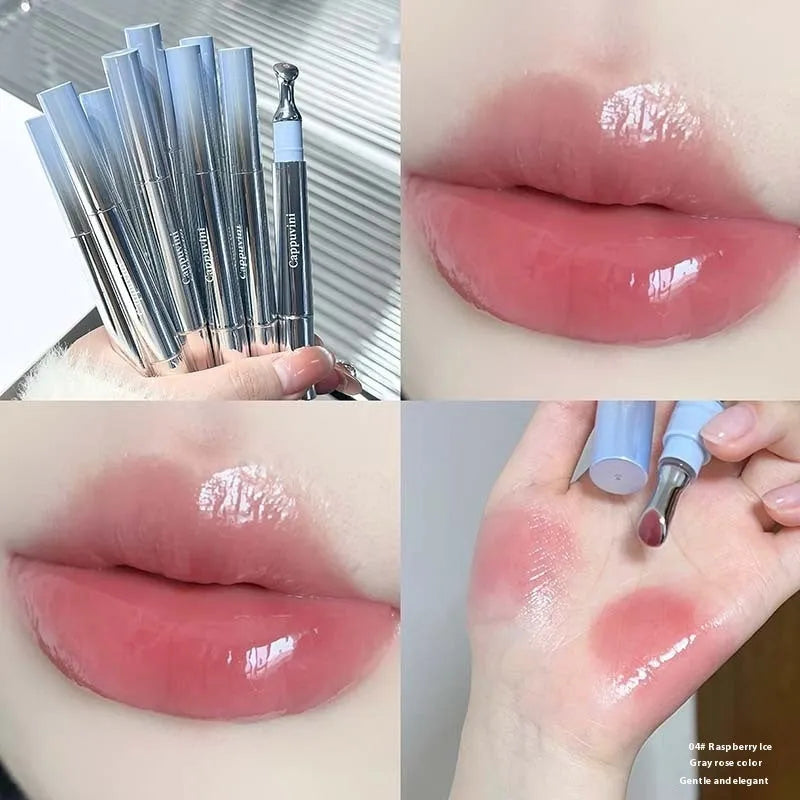 Mirror Water Light Lip Gloss Lipstick in six sheer ice colours including almond, raspberry, and pear.