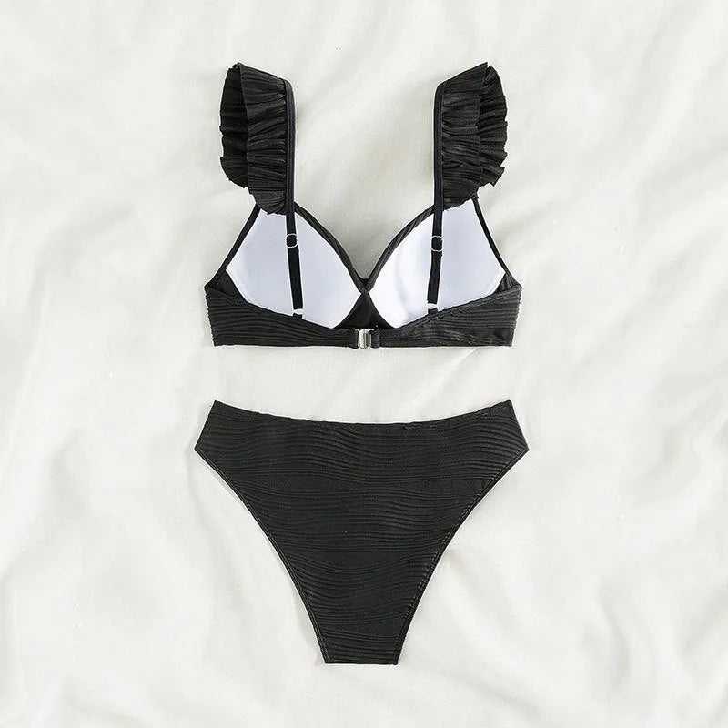 Women's solid colour bikini swimsuit in black or khaki made from polyester fibre