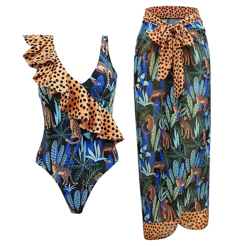 Solid colour women's one-piece swimsuit with spaghetti straps and an attached skirt.