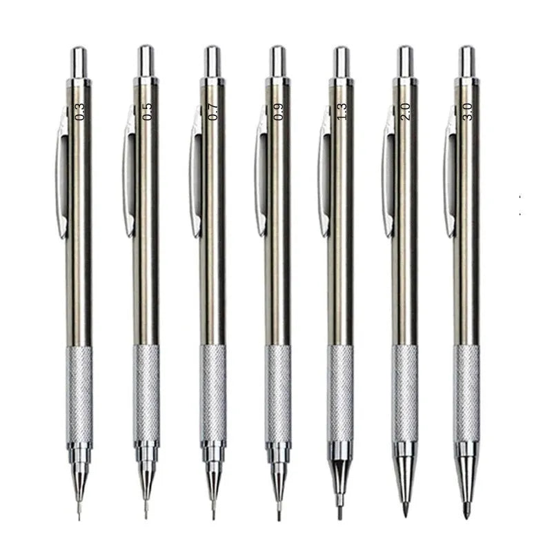 Metal mechanical pencil with automatic feed mechanism and choice of five lead sizes