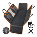 Black waterproof pet car seat cover with orange edge trim and mesh ventilation window laid on a rear car seat