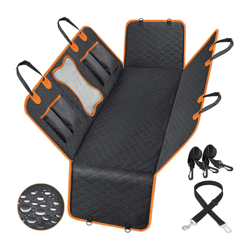 Black waterproof pet car seat cover with orange edge trim and mesh ventilation window laid on a rear car seat