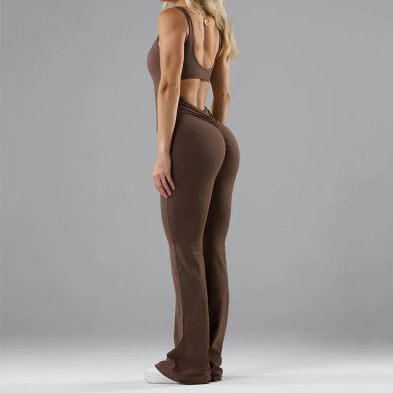 Women's tight yoga bodysuit jumpsuit in milk silk fabric with hollow seams and trousers length