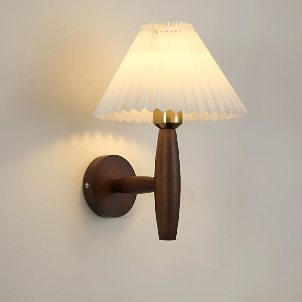 American retro style wall lamp with rubber wood frame and fabric shade in walnut wood colour