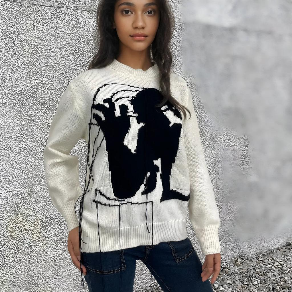 Women's grey Alpaca wool sweater with tassel detailing and abstract pattern in loose street fashion style