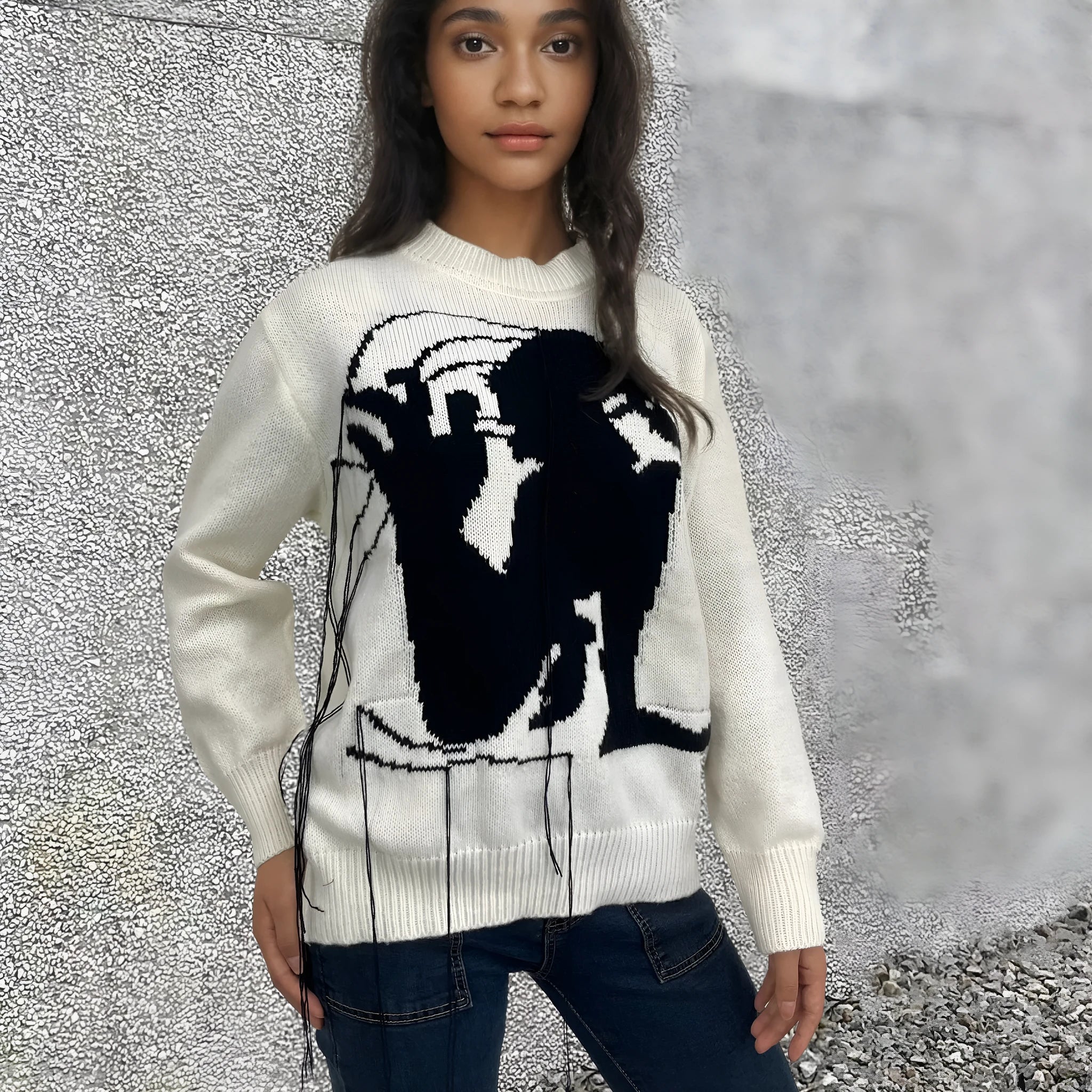Women's grey Alpaca wool sweater with tassel detailing and abstract pattern in loose street fashion style