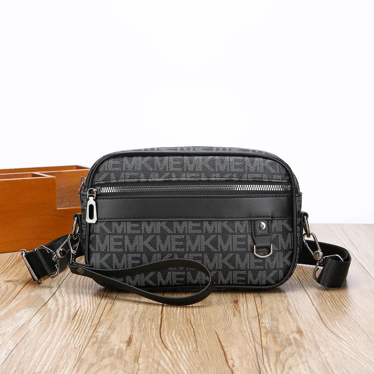 Men's geometric pattern PU leather messenger bag in horizontal handheld design with large capacity