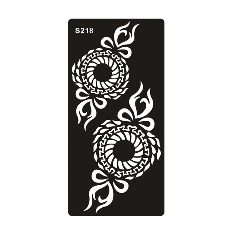 Sheet of hollow geometric and Southeast Asian style temporary tattoo templates on water transfer paper.