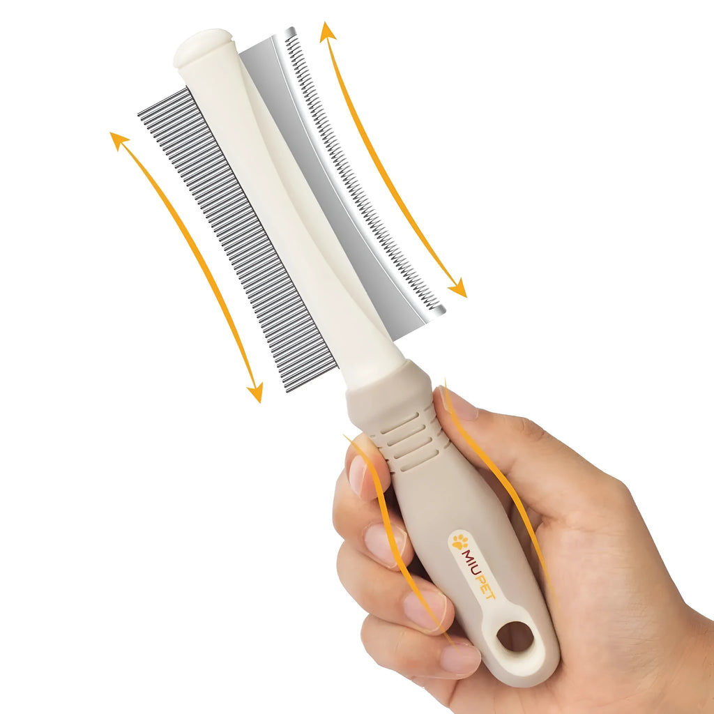 White double-sided dog and cat grooming brush with curved comb and deshedding blade, showing ergonomic handle.