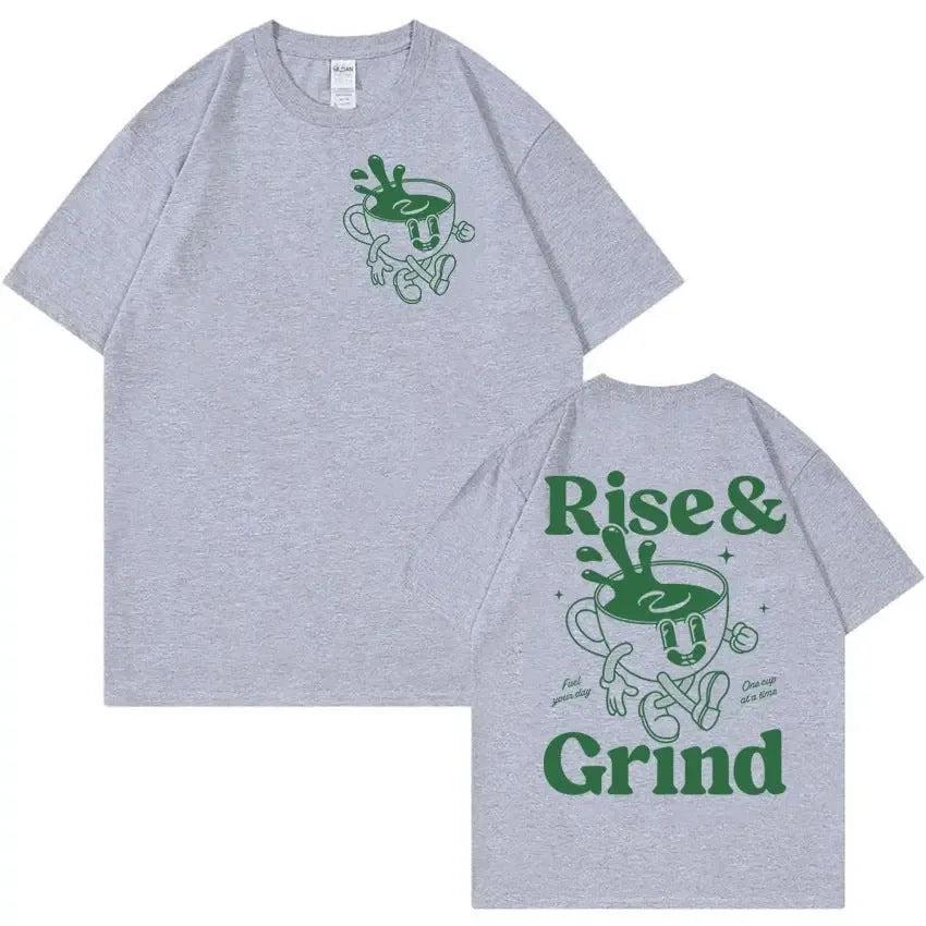 Cartoon Rise and Grind Green Coffee print on a loose-fit linen blend T-shirt.