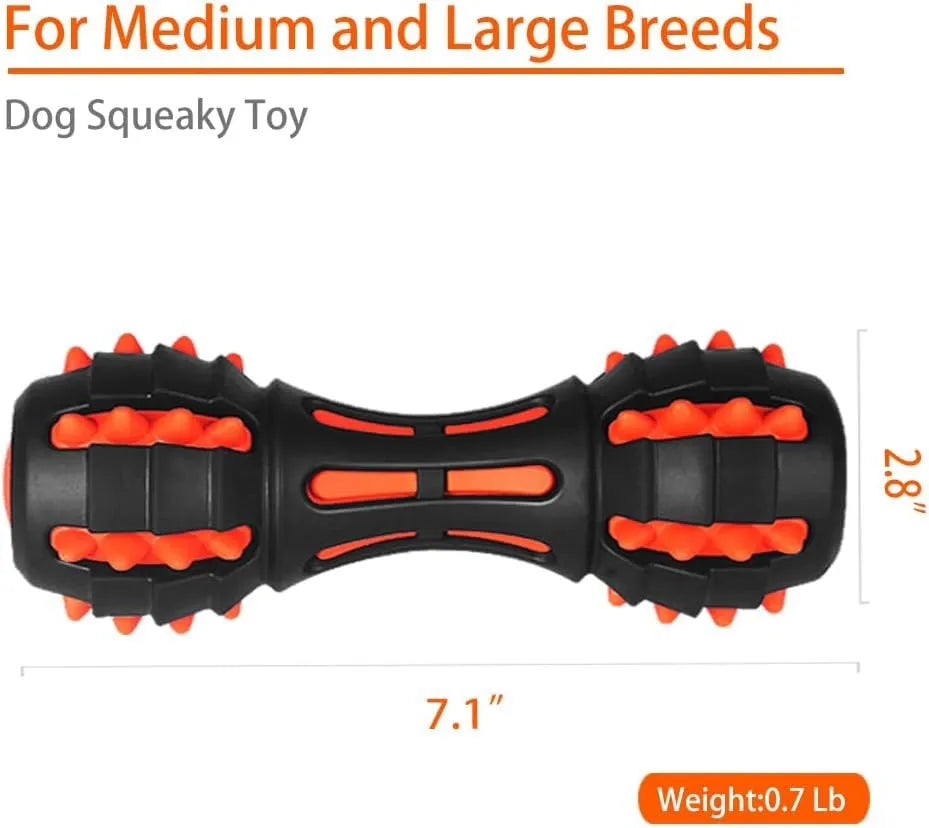 Red dumbbell-shaped durable rubber dog chew toy for large breeds on a white background