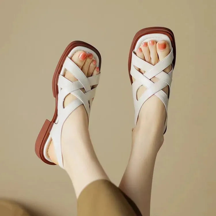 Women's glossy patent leather square toe sandals with cross straps in three colour options