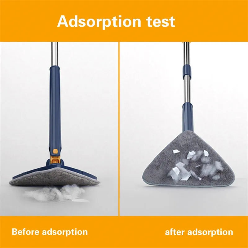 Blue extendable triangle cleaning mop with rotating head on a stainless steel pole for floors and walls.