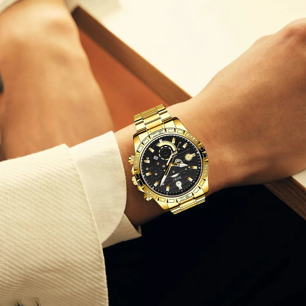 Gold-coloured men's stainless steel business quartz watch with calendar on wrist.