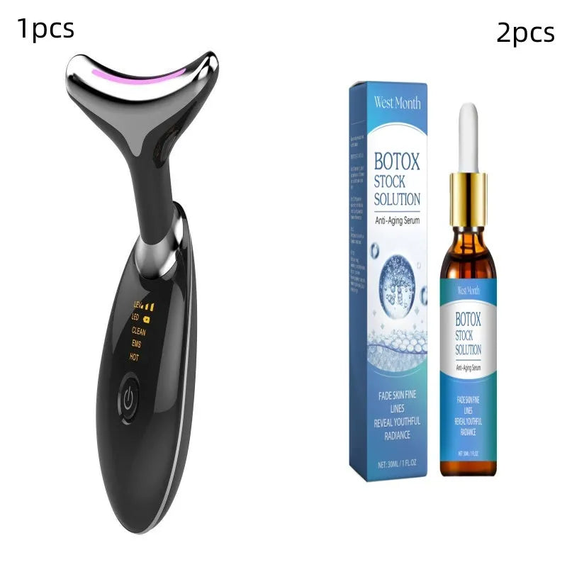 White EMS thermal neck massager with LED lights, shown with USB cable and moisturiser box