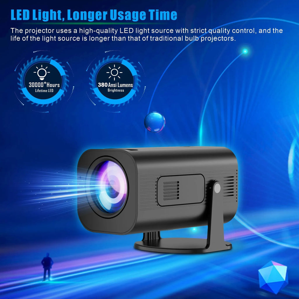 Black P330 portable mini projector with remote control on a table, for mobile phone streaming.