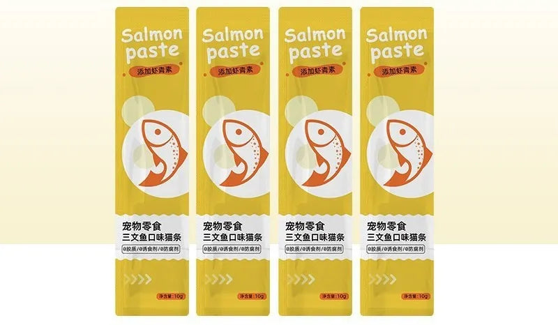 Cat strip snack pack for kittens with four flavour varieties in 10-strip packaging
