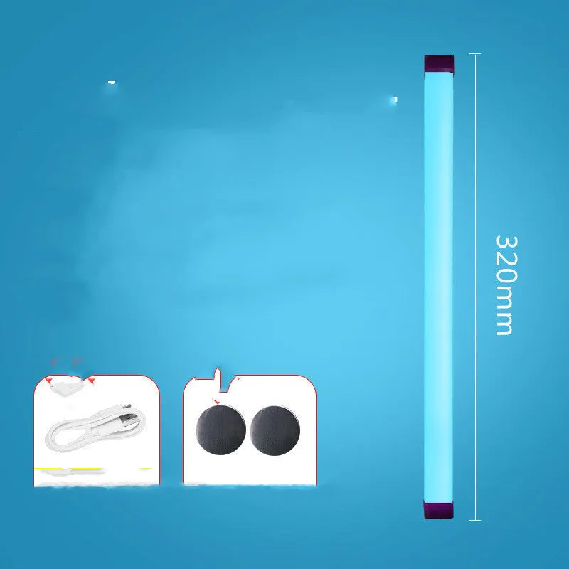 Rechargeable dimmable LED tube light in blue and purple colours shown in a bedroom setting.