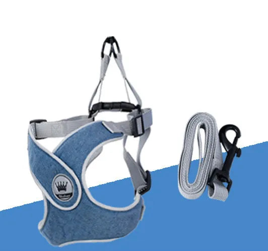 Green adjustable mesh dog harness with reflective strips and a metal leash ring, shown on a dog.