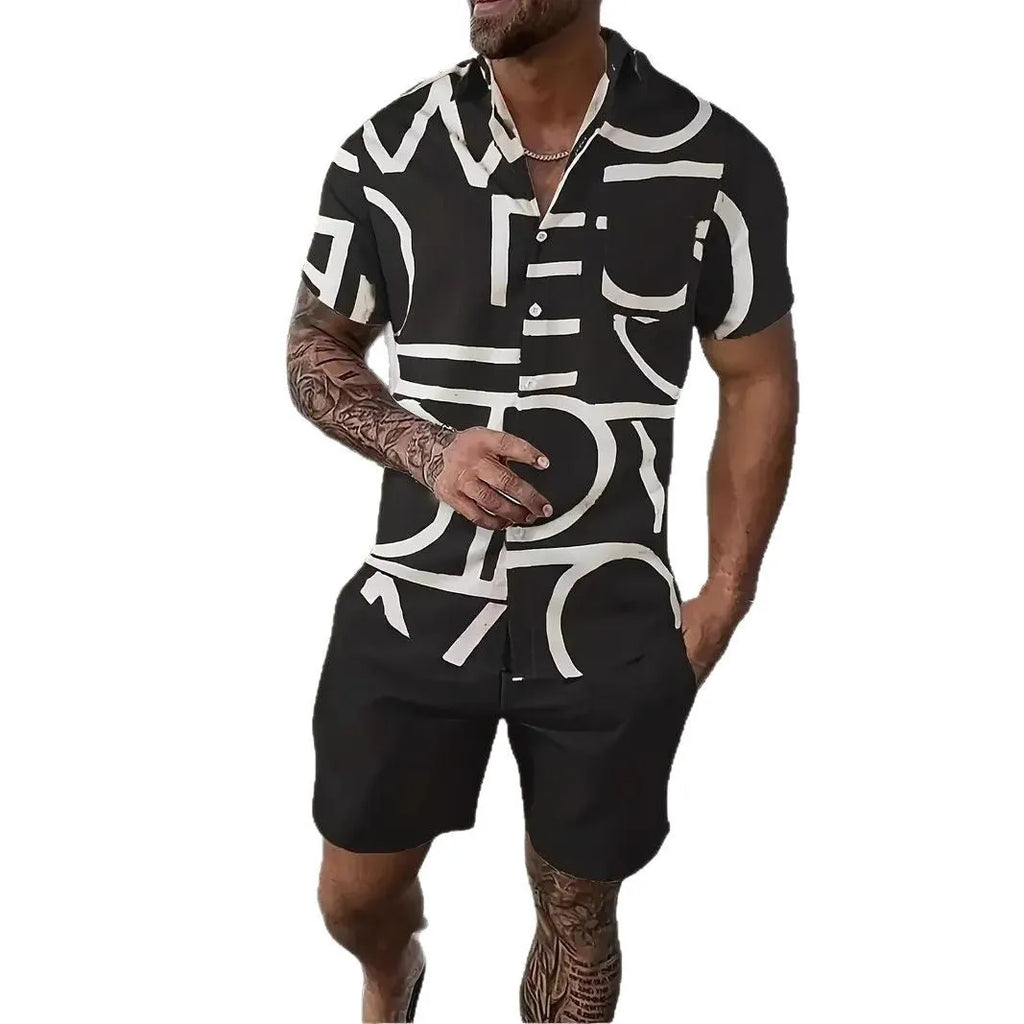 Man wearing a blue Hawaiian 3D printed short sleeve top and matching shorts leisure suit set.