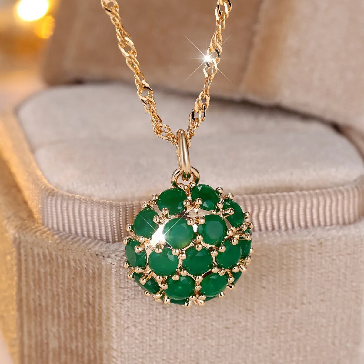 Golden green emerald diamond pendant necklace with adjustable 51-60cm chain in champagne gold colour