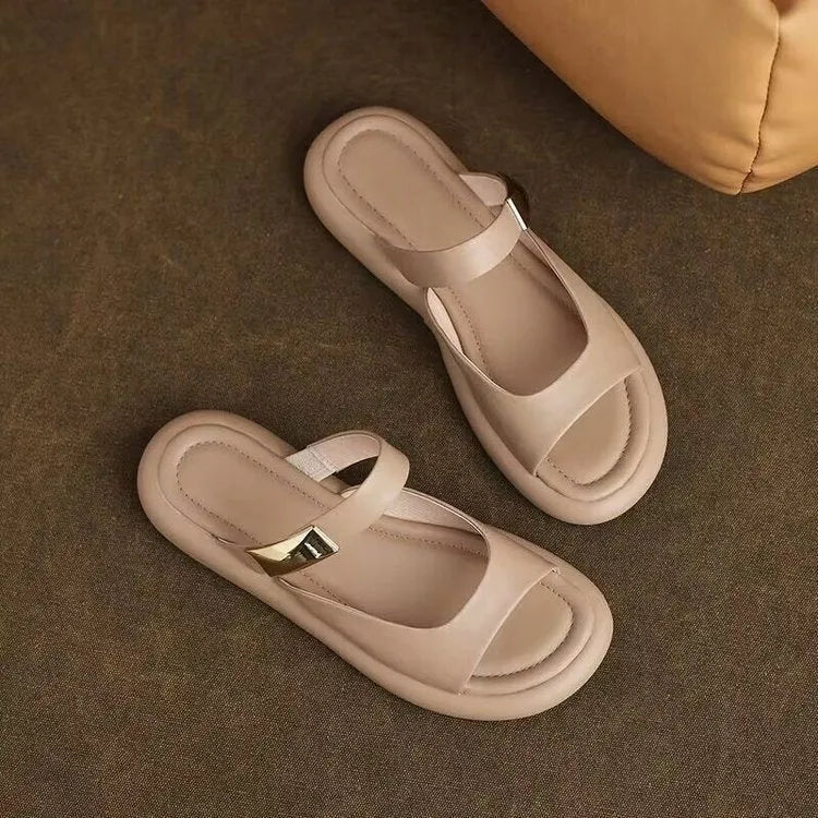 Women's apricot leather peep toe platform sandals with rubber sole
