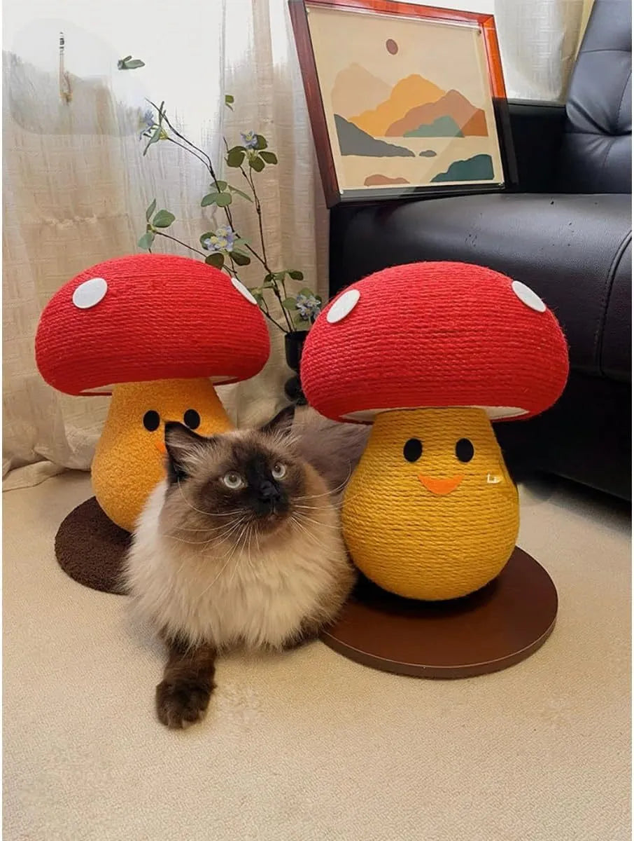 Mushroom-shaped cardboard cat scratcher with foldable accordion design for furniture protection