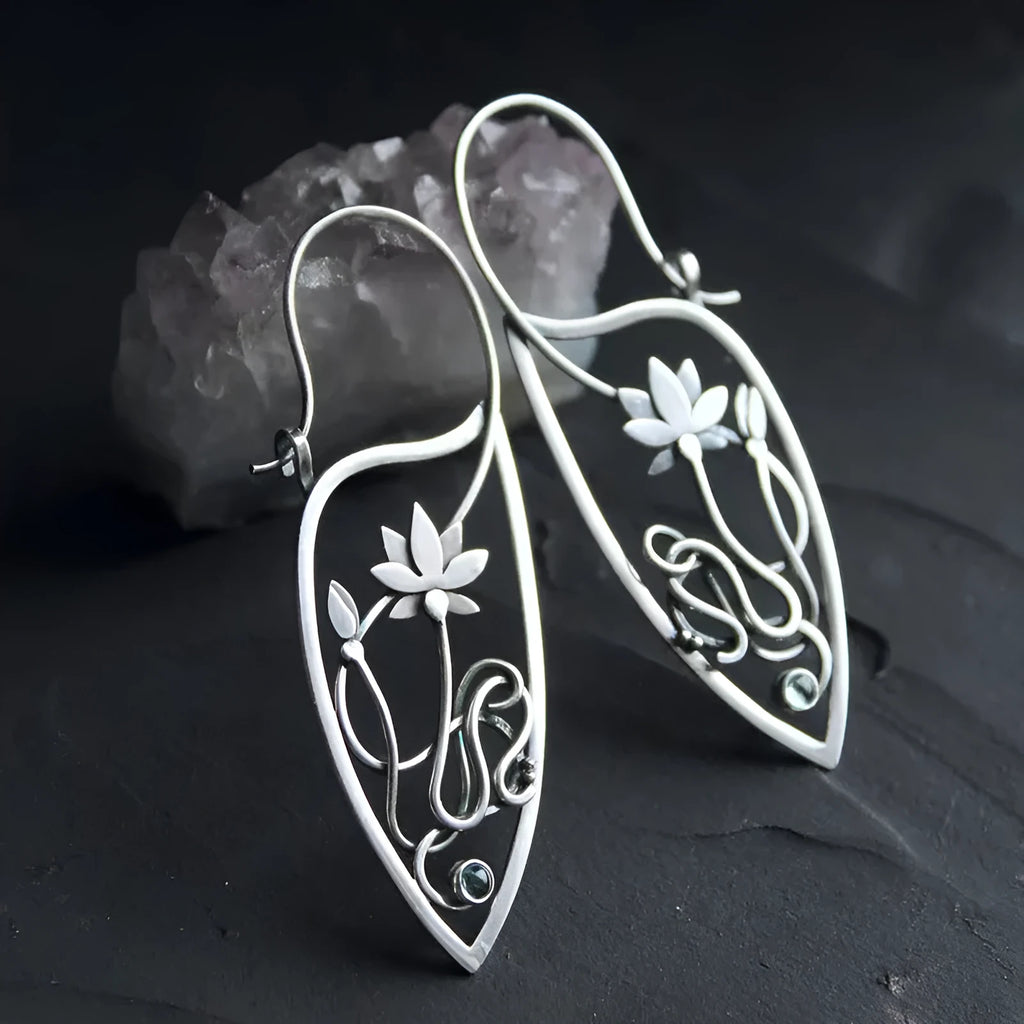 Silver electroplated alloy earrings with lotus vine geometric design and retro styling elements