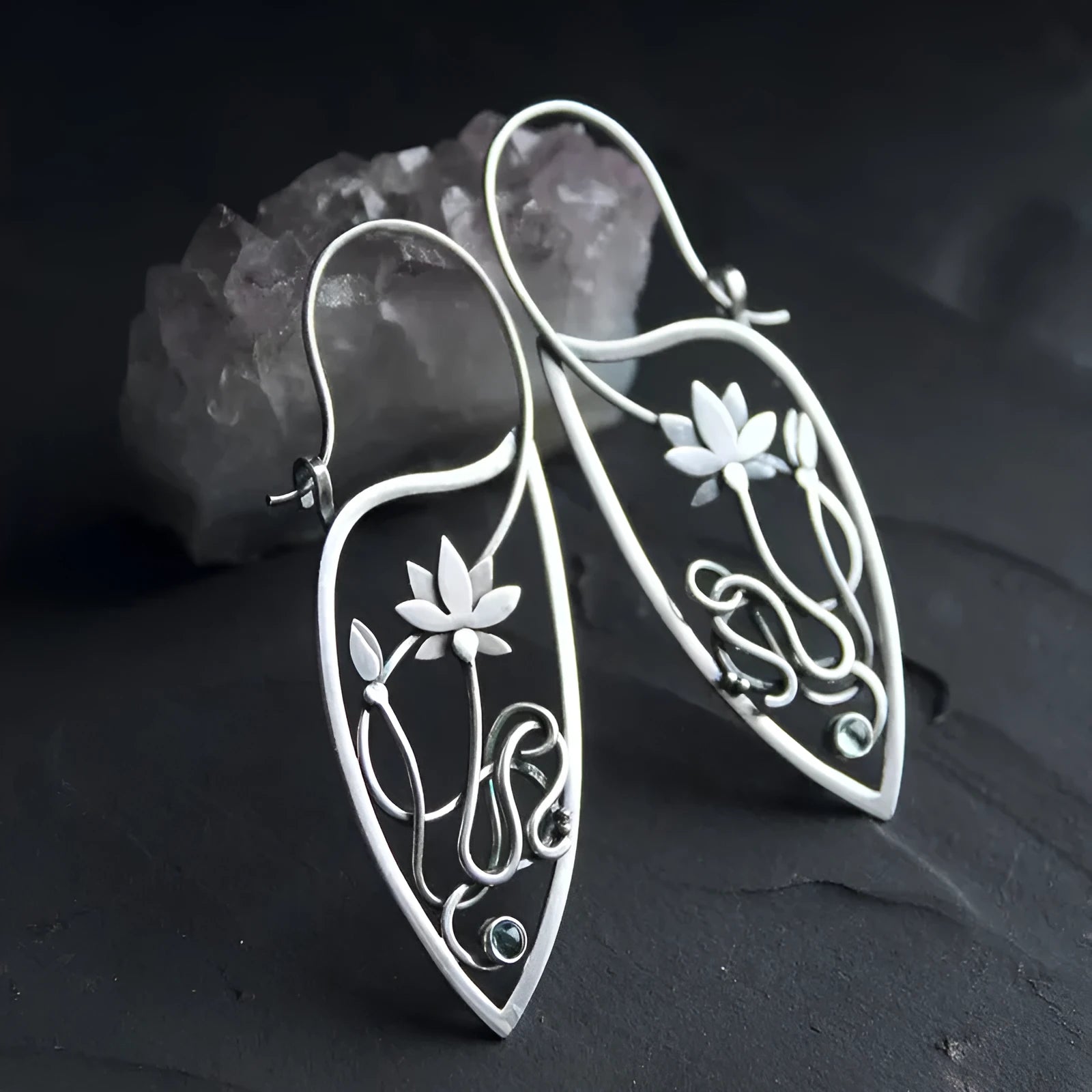 Silver electroplated alloy earrings with lotus vine geometric design and retro styling elements