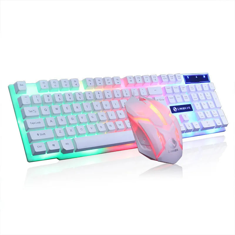 Limei GTX300 black and white gaming keyboard and mouse set with backlit keys on desktop