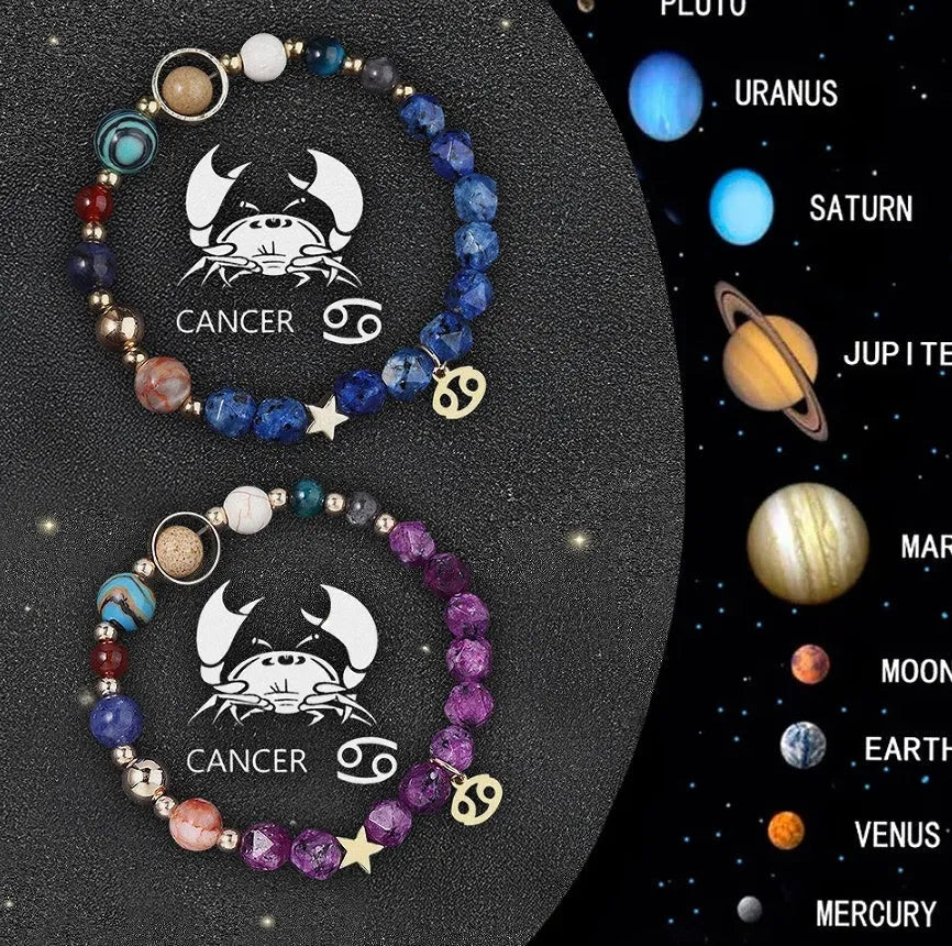 Set of twelve natural stone beaded bracelets showing different zodiac sign designs on elastic cords