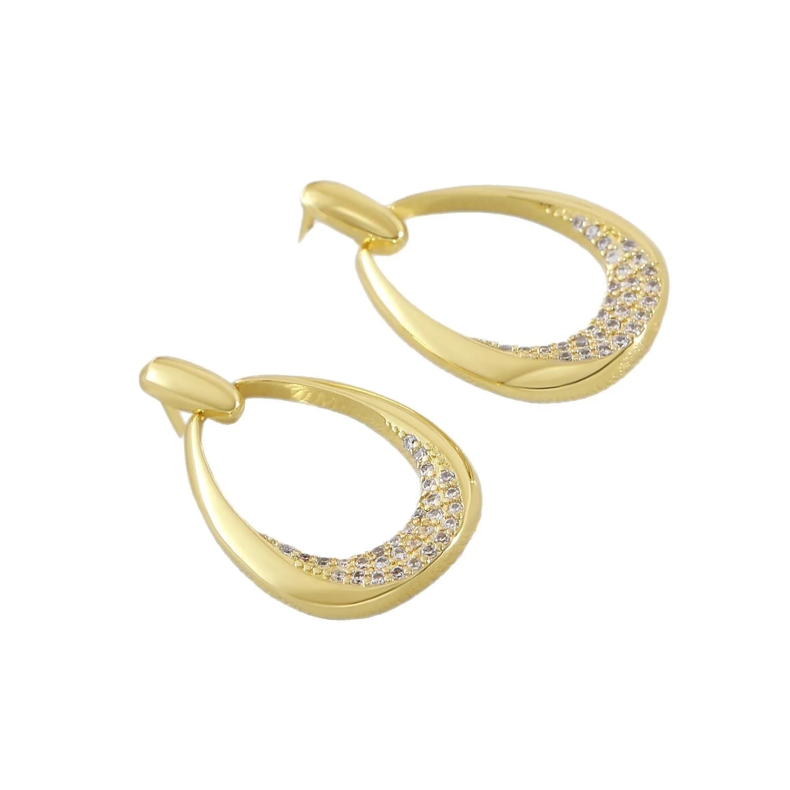 Yellow gold geometric drop earrings with round and oval elements measuring 2.6cm by 1.7cm