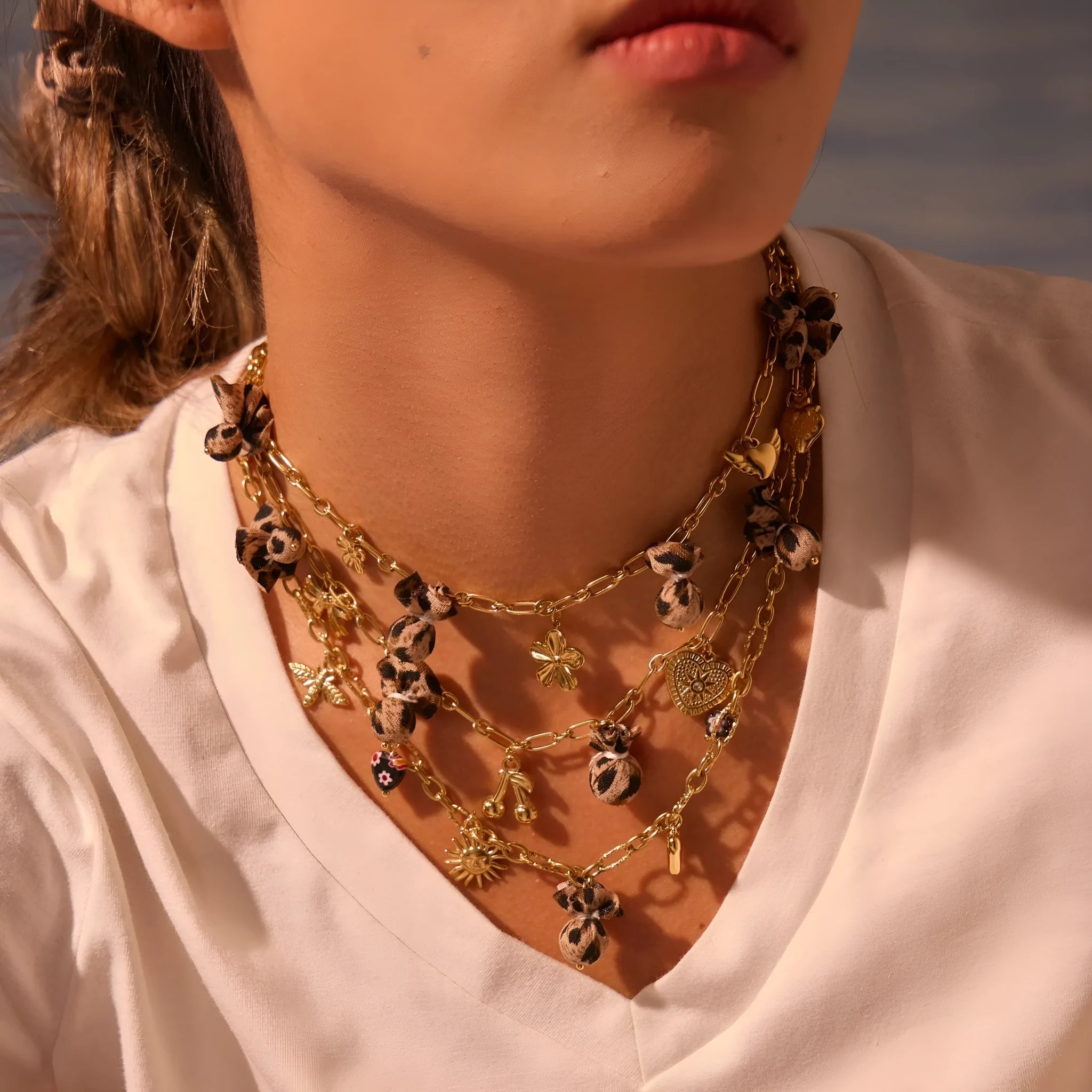 Women's stainless steel leopard pendant necklace with love heart and flower details on 41-50cm adjustable chain
