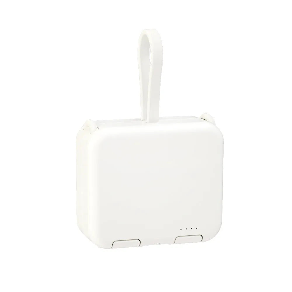 Handbag back clip power bank in blue, showing clip, phone stand function, and Type-C/Lightning ports.