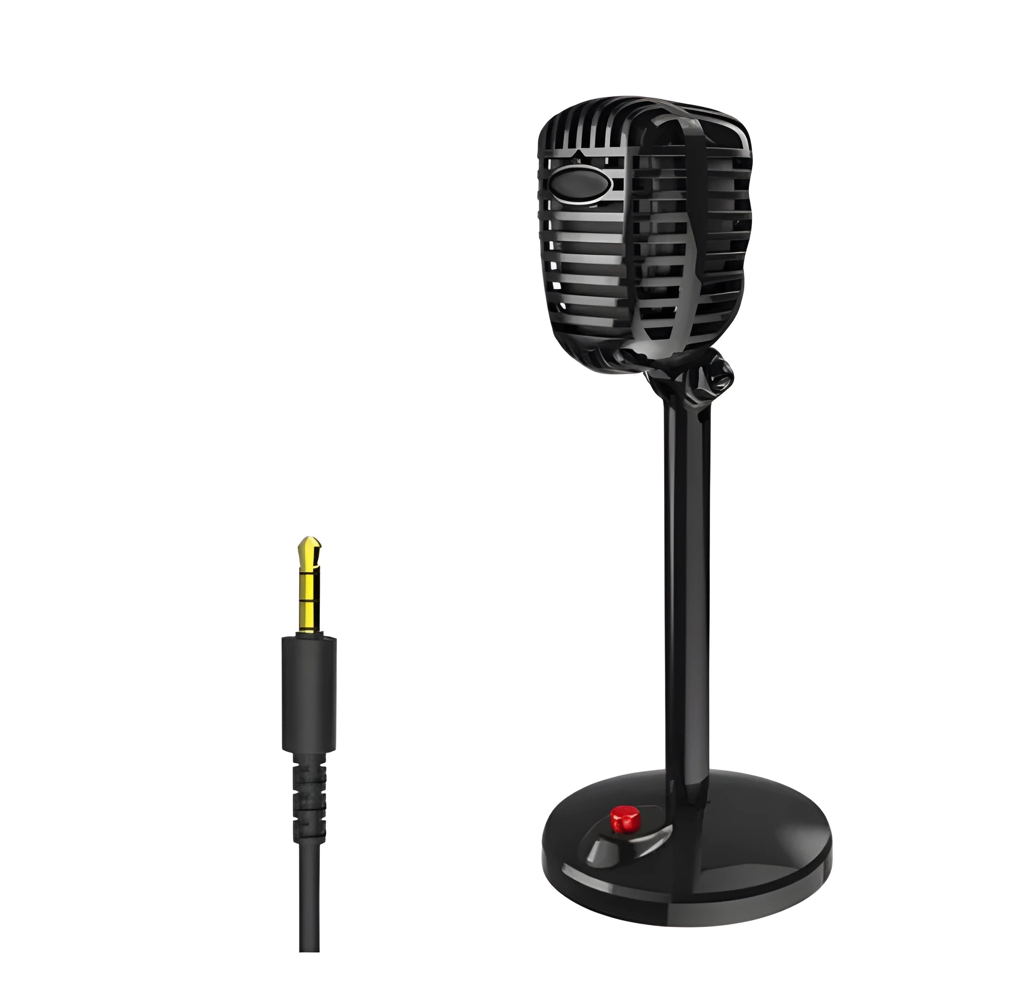 Black USB desktop computer microphone with adjustable stand on a desk.