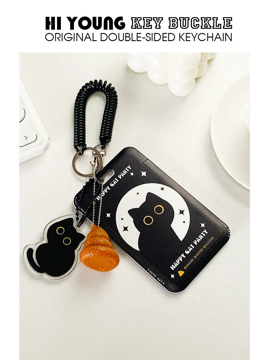 Plastic card holder sleeve with cute little black cat cartoon design and a silver ferrule pendant.
