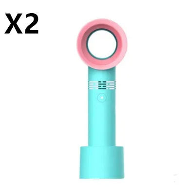 A portable bladeless desk fan with a modern design, shown on its base with a USB cable, available in multiple colours.