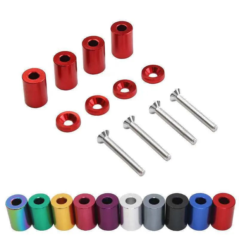 Aluminium machine cover pad height sheet with screws, nuts, and washers for car modifications in red, blue, and black.