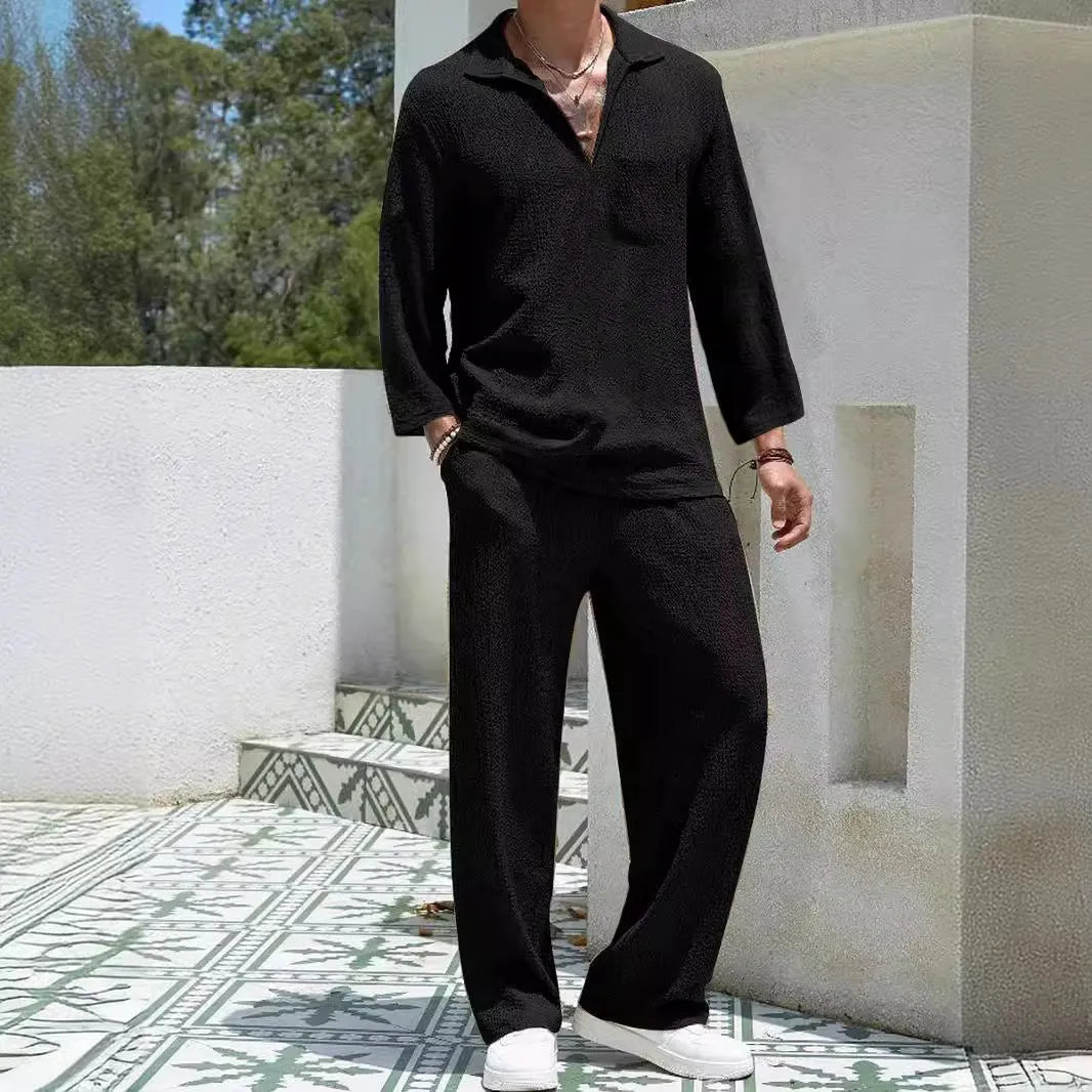 Men's casual polyester shirt and trousers suit set in lake blue colour.