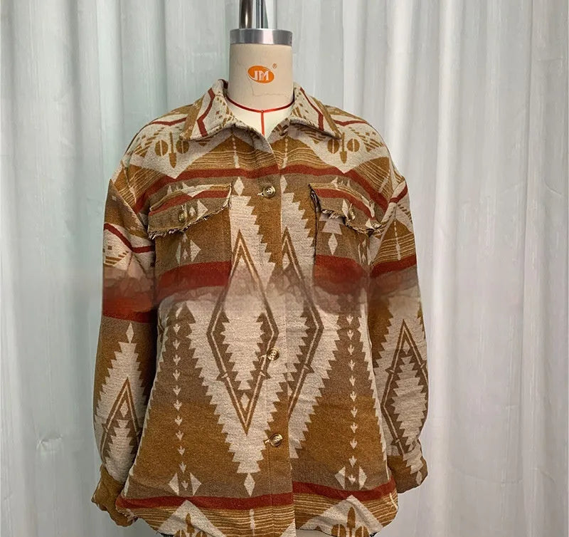 Women's loose retro-style wool coat with Aztec print in army green, shown from the front.