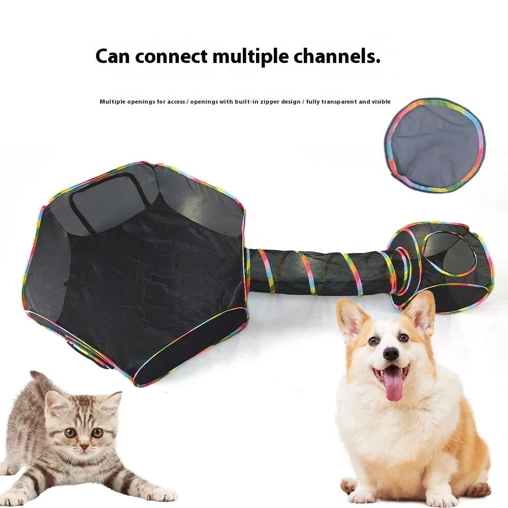 Foldable mesh cat cage pet toy shown in a hexagonal style variant.