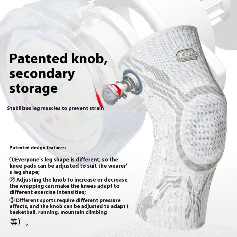 Grey and white sports knee pads for left and right knee, shown with size tags M, L, and XL.