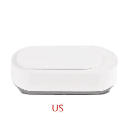 White portable ultrasonic cleaning machine with stainless steel tank and touch button.