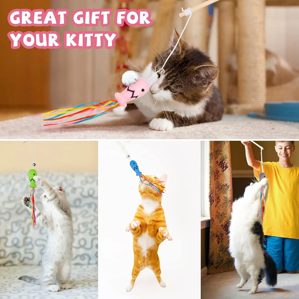 Cat wand toy with colourful ribbons, catnip fish, and bell on wooden handle